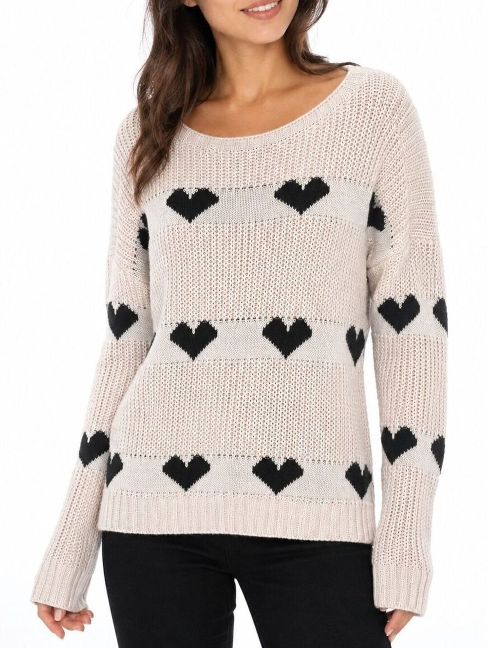 Pistache Italy Women’s Beige Black Heart Open Knit Sweater - L/XL